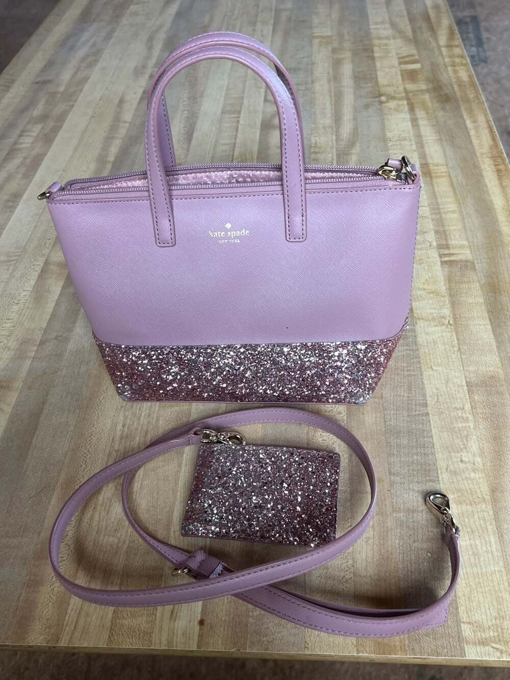 Kate Spade Greta Court Glitter Satchel Dusty Peony and Wallet